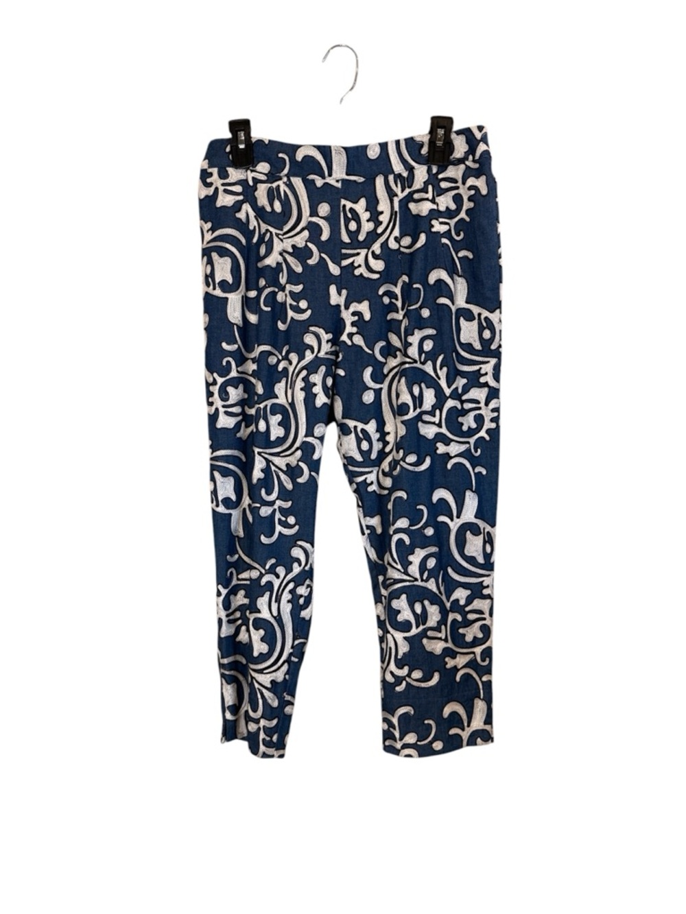 Niche Nilgun Derman Women’s Pants Blue White Embroidered Crop Ankle Sz M